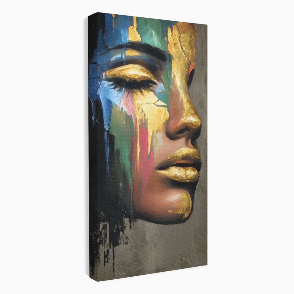 Tablou canvas cu tablou canvas cu chip de femeie profil si foita de aur, fara rama, pe sasiu de lemn